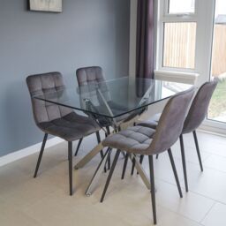 KOSY KOALA Modern Rectangle Glass Dining Table Set With 4 Grey Velvet Chairs Dining Room Furniture in Brown