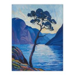 "Artery8 Lone Tree on Loch Ness Scottish Highlands Lake Wall Art Print in Blue - Size: W24"" x H32""" - thumbnail 1