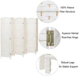 EONLION 6 Panel Weave Wicker Room Divider Hand Made in Beige - Size: 500mm - thumbnail 4