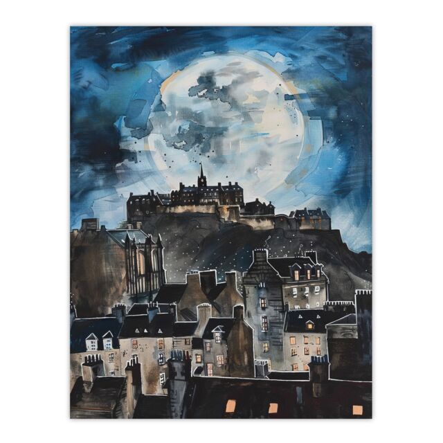 "Artery8 Full Moon Night Edinburgh Castle Conceptual Art Wall Art Print in Blue - Size: W12"" x H16""" - image 1