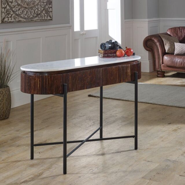 IH Design Tilden Mango Wood Console Table With Marble Top & Metal Legs in White - image 1