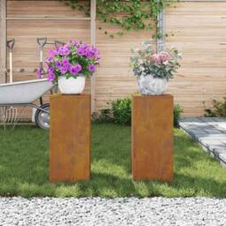 Berkfield Home Outdoor Plant Stands Pillar 2 pcs 24x24x55 cm Weathering Steel - Size: 24 x 24 x 55 cm - thumbnail 2