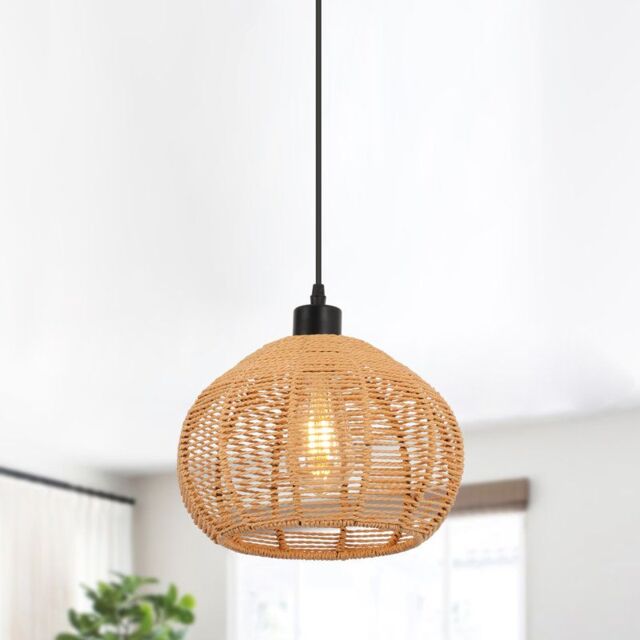 Garwarm 1 - Light Rattan Farmhouse Bohemian Single Globe Pendant in Bronze - image 1