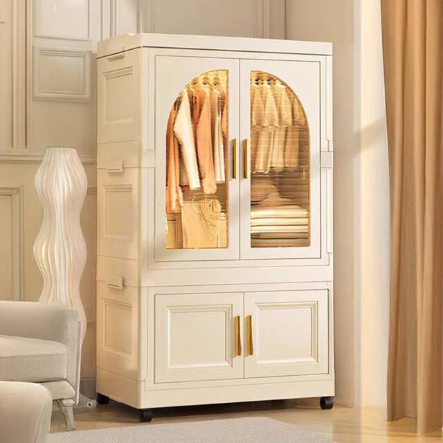 Living and Home 2 Tier Folding Wardrobe Storage Bins with Doors in Cream - image 1