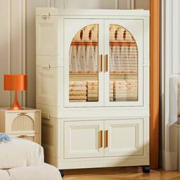 Living and Home 2 Tier Folding Wardrobe Storage Bins with Doors in Cream - thumbnail 4