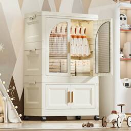 Living and Home 2 Tier Folding Wardrobe Storage Bins with Doors in Cream - thumbnail 3