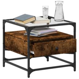 Berkfield Home Coffee Table with Glass Top Smoked Oak 50x50x45 cm Steel in Brown - Size: 50 x 50 x 45 cm - thumbnail 3