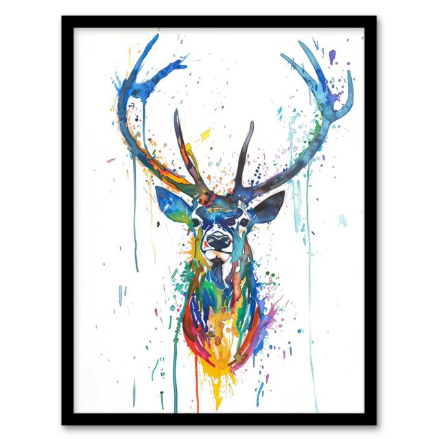 Artery8 Deer Stag Colourful Ink Splat Bright Portrait Framed Wall Art - Size: A4 - image 1