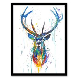 Artery8 Deer Stag Colourful Ink Splat Bright Portrait Framed Wall Art - Size: A4 - thumbnail 1