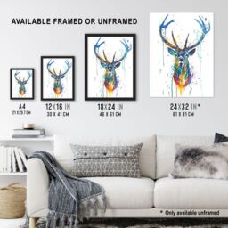 Artery8 Deer Stag Colourful Ink Splat Bright Portrait Framed Wall Art - Size: A4 - thumbnail 3