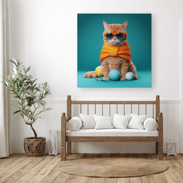 "Warren Reed - Designer Cat In Glasses With Balls Of Wool Canvas - Size: W30"" x H30""" - image 1
