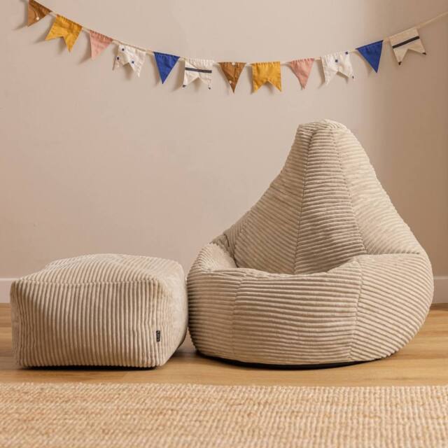 icon Kids Bean Bag Recliner & Footstool Bundle, Jumbo Cord in Stone - Size: Medium - image 1