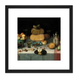 Artery8 Van Dijck Still Life With Cheese 8X8 Inch Square Wooden Framed Wall Art Print Picture with Mount in Black - thumbnail 1