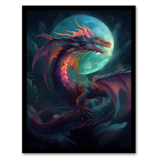 Artery8 Wall Art Print Full Moon Dragon Oil Painting Blue Purple Fantasy Creature Dancing In The Clouds Colourful Magical Nature Mystical Modern Art - image 1