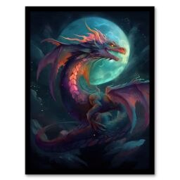 Artery8 Wall Art Print Full Moon Dragon Oil Painting Blue Purple Fantasy Creature Dancing In The Clouds Colourful Magical Nature Mystical Modern Art - thumbnail 1