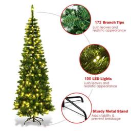 Shatchi Pre-Lit Artificial Slim Christmas Green Pencil Tree Warm White LEDs Pointed Tips with Metal Stand - Size: 6ft - thumbnail 2