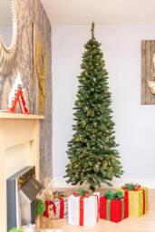 Shatchi Pre-Lit Artificial Slim Christmas Green Pencil Tree Warm White LEDs Pointed Tips with Metal Stand - Size: 6ft - thumbnail 3