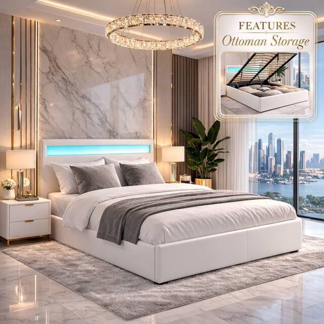 Harmin White Double 4ft6 Faux Leather Ottoman Storage Bed with LED Headboard - Size: EU Double - image 1