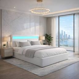 Harmin White Double 4ft6 Faux Leather Ottoman Storage Bed with LED Headboard - Size: EU Double - thumbnail 4
