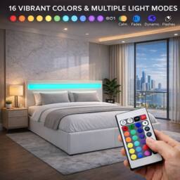 Harmin White Double 4ft6 Faux Leather Ottoman Storage Bed with LED Headboard - Size: EU Double - thumbnail 2