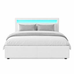 Harmin White Double 4ft6 Faux Leather Ottoman Storage Bed with LED Headboard - Size: EU Double - thumbnail 5