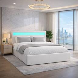 Harmin White Double 4ft6 Faux Leather Ottoman Storage Bed with LED Headboard - Size: EU Double - thumbnail 6