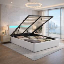 Harmin White Double 4ft6 Faux Leather Ottoman Storage Bed with LED Headboard - Size: EU Double - thumbnail 3