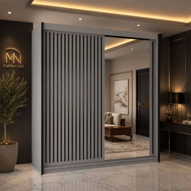MN Furniture Reno 2 Sliding Door Wardrobe with Mirror & LED Light W150 x H217cm in Taupe - image 1