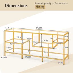"Gymax TV Stand for TVs Up to 65"" Console Table Glass Shelves 147CM Gold" - thumbnail 2