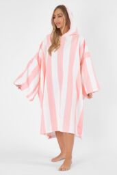 OHS Stripe Poncho Towel Hooded Absorbent Bath Robe in Light Pink