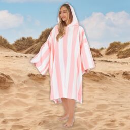 OHS Stripe Poncho Towel Hooded Absorbent Bath Robe in Light Pink - thumbnail 4