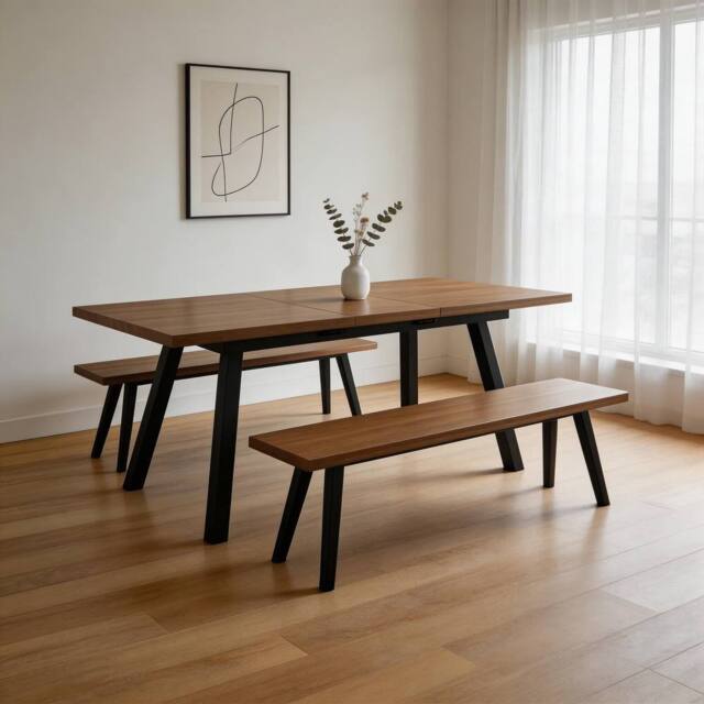 FURNITURE ONE Extendable Dining Table with 2 Benches, 3 Piece Kitchen Dining Set in Brown - image 1