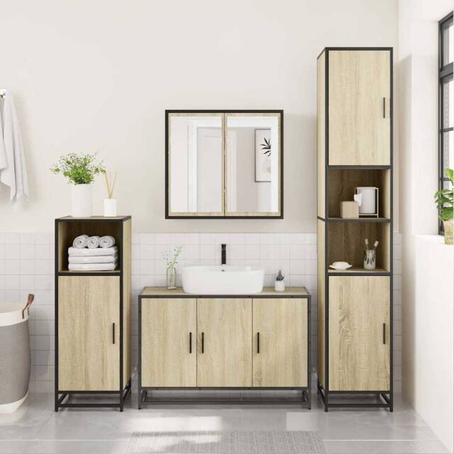 Berkfield Home Durable 3 Piece Bathroom Furniture Set Sonoma Oak Engineered Wood in Light Brown - image 1