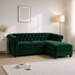 Sofaya Hampton 3 Seater L Shape Chesterfield Sofa Velvet Right Hand Chaise in Green
