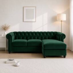 Sofaya Hampton 3 Seater L Shape Chesterfield Sofa Velvet Right Hand Chaise in Green - thumbnail 2