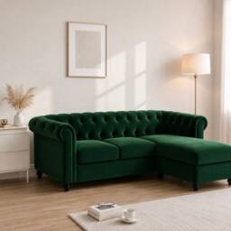 Sofaya Hampton 3 Seater L Shape Chesterfield Sofa Velvet Right Hand Chaise in Green - thumbnail 4
