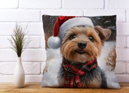 Warren Reed - Designer Christmas Yorkshire Terrier Cushion in Brown - Size: 60 cm x 60 cm - thumbnail 2