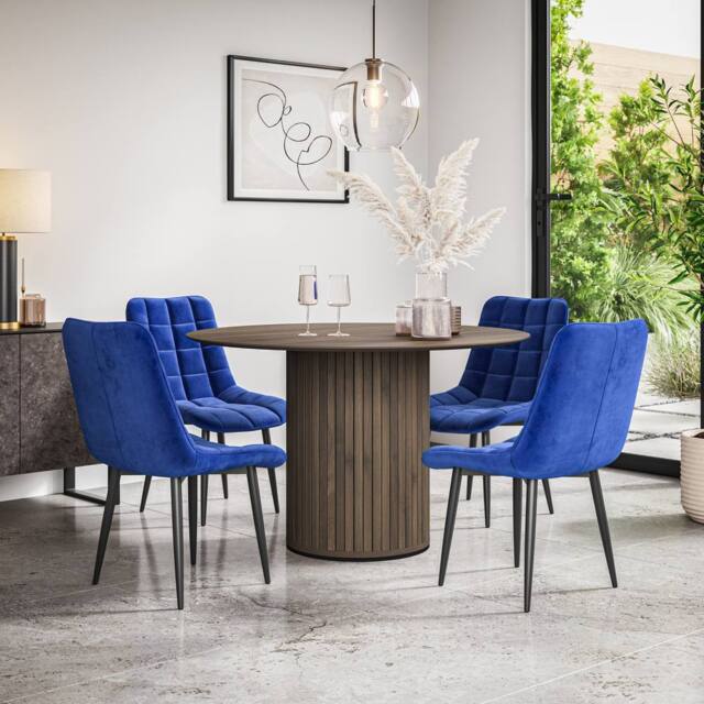 More4Homes Arlo Walnut Table Top W Walnut Legs + Nova Velvet Dining Chair Set Of 6 in Blue - image 1