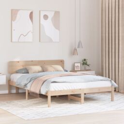 Berkfield Home Bed Frame with Headboard 160x200 cm Solid Pine Wood in Beige - thumbnail 1