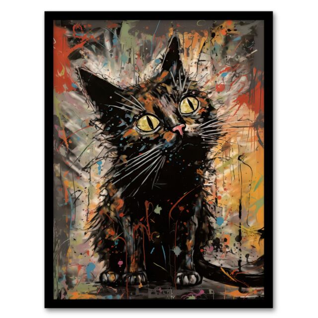 "Artery8 Wall Art Print The Curious Black Cat Painting By Tom Jones Art Framed - Size: W12"" x H16""" - image 1