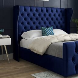 KDMD Donati Straight Curved Top Upholstered Soft Velvet Blue Bed Frame - Size: Small Double - thumbnail 2