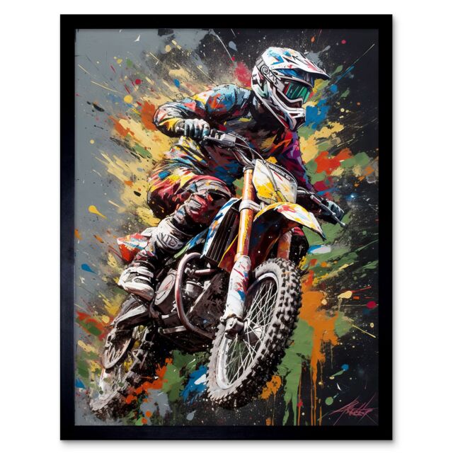 "Artery8 Wall Art Print Dirt Bike Sport Splatter Paint Motocross Rider Art Framed in Black - Size: W12"" x H16""" - image 1