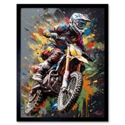 "Artery8 Wall Art Print Dirt Bike Sport Splatter Paint Motocross Rider Art Framed in Black - Size: W12"" x H16""" - thumbnail 1