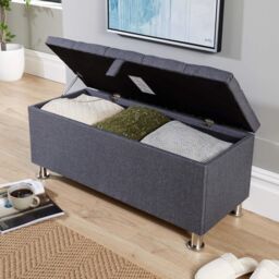 Home Source Storage Ottoman Chest Padded Seat Buttoned Detailing Metal Legs in Dark Grey
