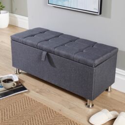 Home Source Storage Ottoman Chest Padded Seat Buttoned Detailing Metal Legs in Dark Grey - thumbnail 2