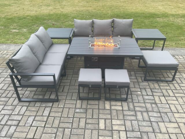 Fimous Aluminium Outdoor Lounge Sofa Garden Furniture Sets Gas Fire Pit Dining Table Set with 3 Footstools 2 Side Tables Dark Grey - image 1