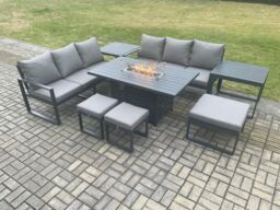 Fimous Aluminium Outdoor Lounge Sofa Garden Furniture Sets Gas Fire Pit Dining Table Set with 3 Footstools 2 Side Tables Dark Grey - thumbnail 2