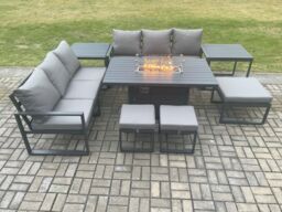 Fimous Aluminium Outdoor Lounge Sofa Garden Furniture Sets Gas Fire Pit Dining Table Set with 3 Footstools 2 Side Tables Dark Grey - thumbnail 1