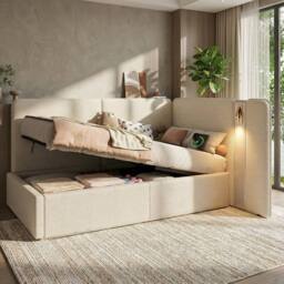 BTM 3ft Single Daybed Upholstered Storage Bed USB Reading Light in Light Beige - thumbnail 4