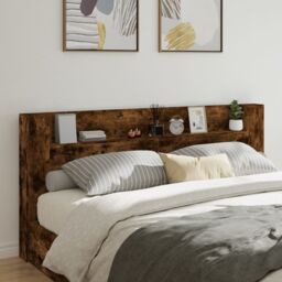 Berkfield Home Headboard Cabinet with LED Smoked Oak 220x16.5x103.5 cm in Brown - thumbnail 1